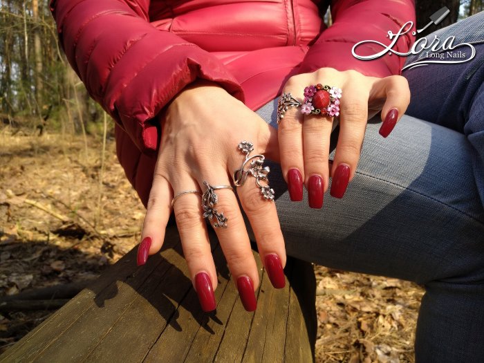 Red long nails on hands in the forest 🌲 photo shoot for video