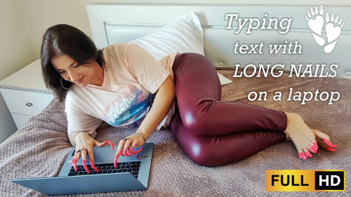 Typing text with very LONG Red NAILS on a laptop