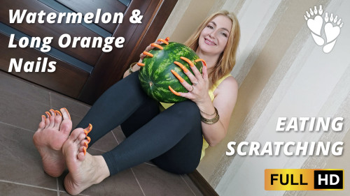 Watermelon and long orange nails (eating, scratching)