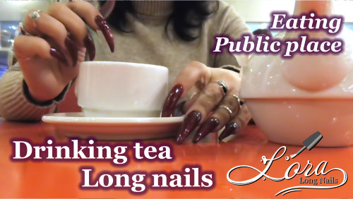 LONG NAILS - Drinking tea and eating cake (public place, eating)