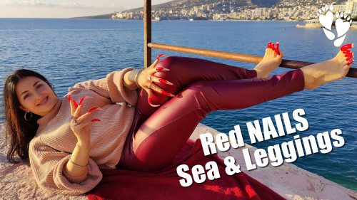 Red leggings, sea & long nails