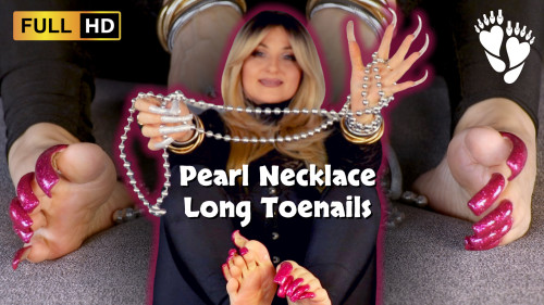 White Pearl Necklace and Long Red Toenails