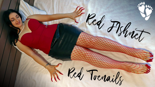 Red Fishnet Tights and Long Red Toenails