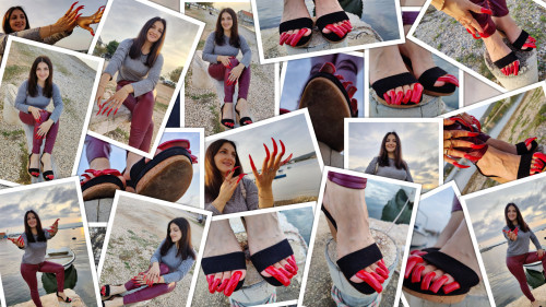 Photo session of 70 photos (Long RED Toenails on the seashore)