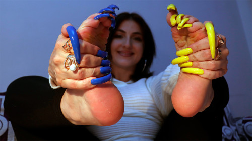 Photosession 🟡🔵Yellow & Blue Long Nails Tapping on the Glass