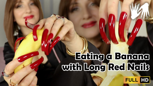 Eating 🍌 banana with long red nails