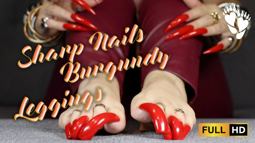 Red Long Nails and Burgundy Leggings