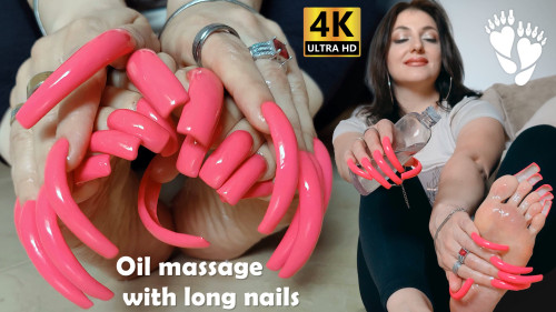 4K oil massage, long red toenails
