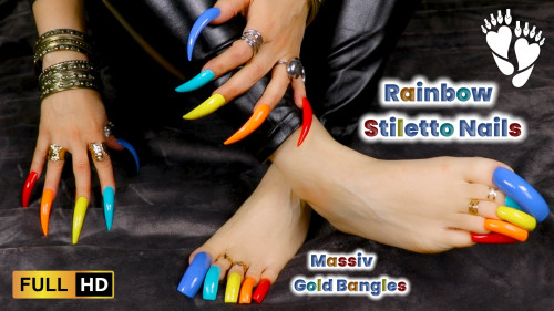 🌈 Extreme Long Rainbow Stiletto Nails 💍 Massive Gold Jewelry ASMR
