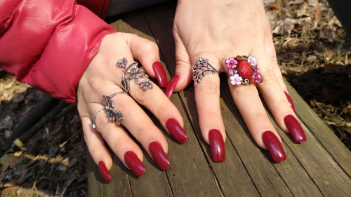 Red long nails on hands in the forest 🌲 photo shoot for video