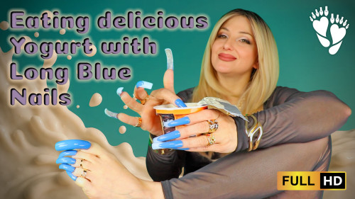 Eating delicious Yogurt with Long Blue Nails