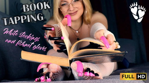 Book tapping. White stockings and fishnet gloves