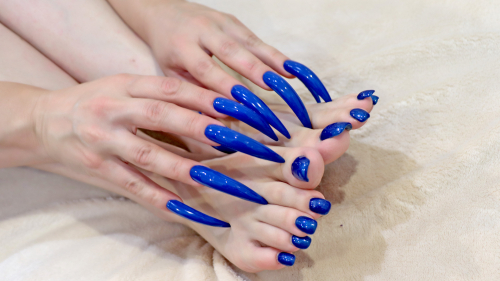 Long blue sharp fingernails and toenails