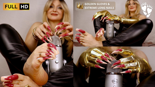 👑 Golden Gloves & Extreme Long Nails Look (ASMR Visuals)