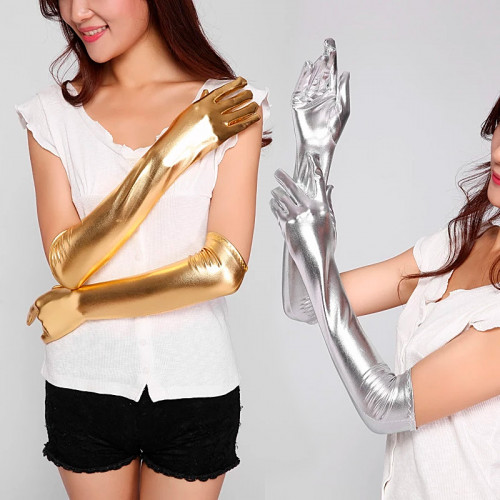 Elbow length gold and silver gloves